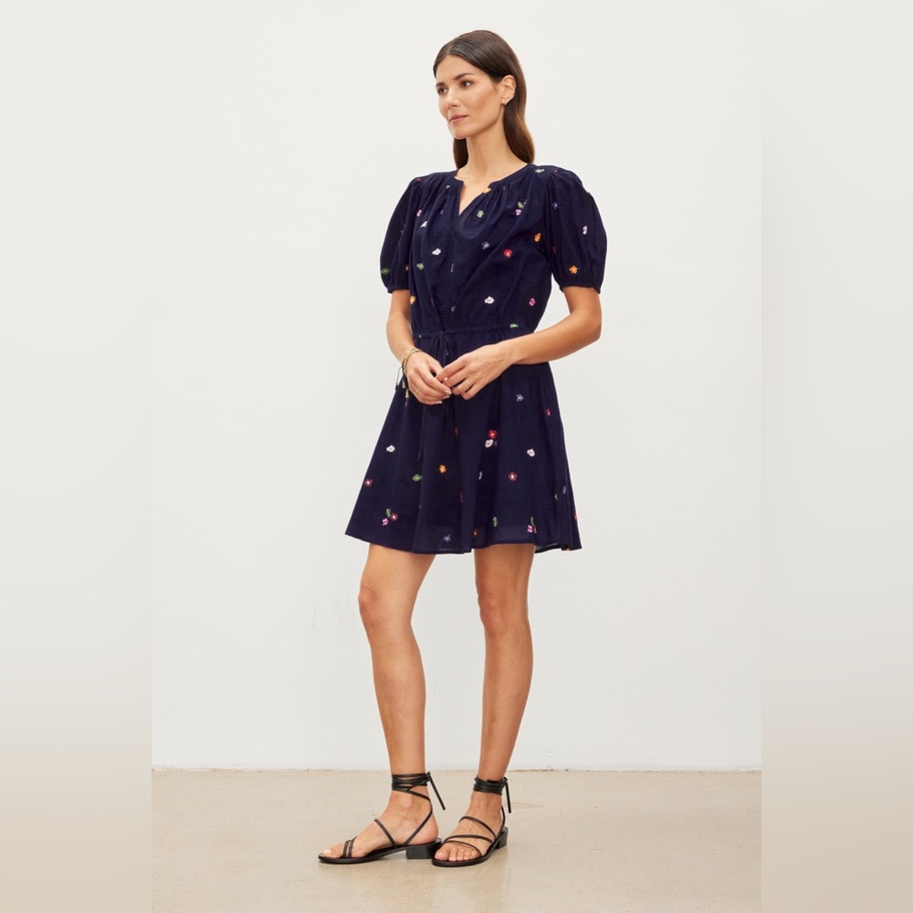 NWOT Velvet by Graham & Spencer Cleo Embroidered Boho Dress Cotton Navy Large